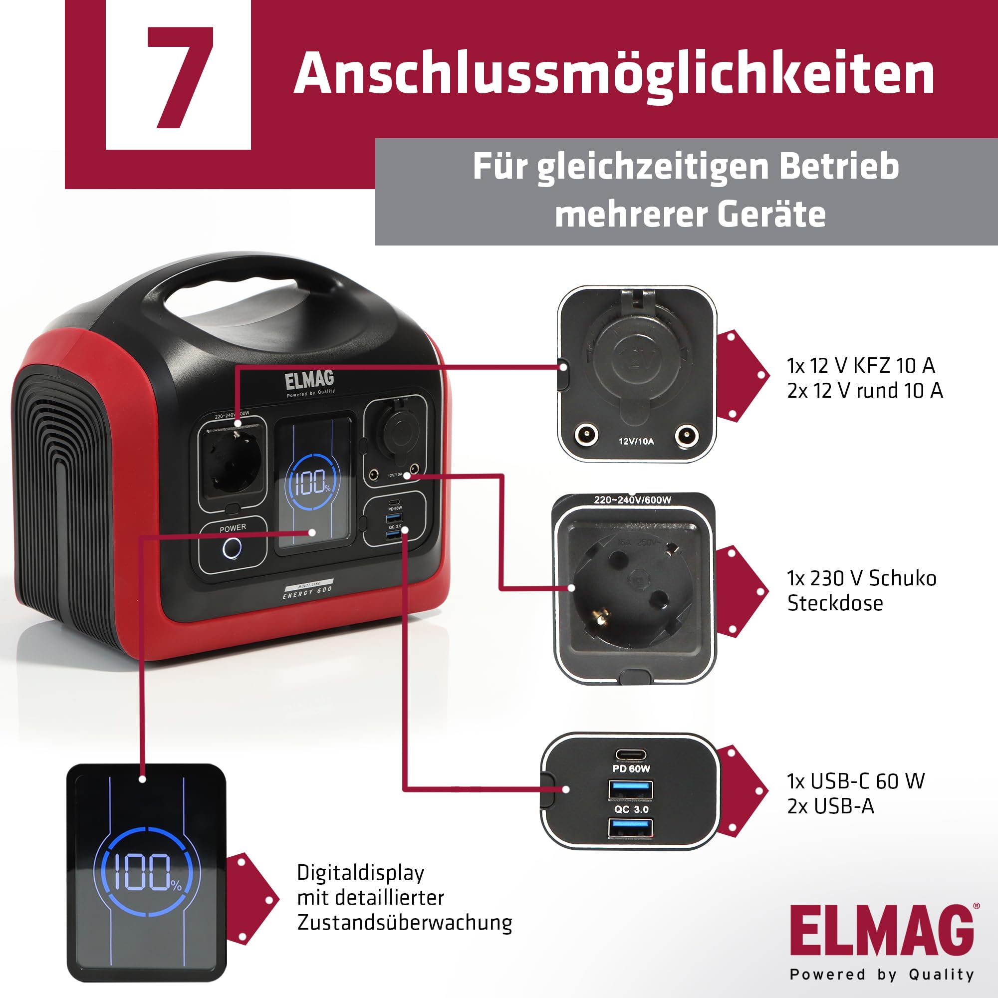 ELMAG Solargenerator-Set ENERGY 600 + SOLAR 100 – 595Wh tragbare Powerstation mit faltbarem 100Wp Solarpanel – Stromspeicher mit LiFePO4 Akku & 230V AC/DC/USB Ausgabe – Für Camping, Outdoor & Notstrom