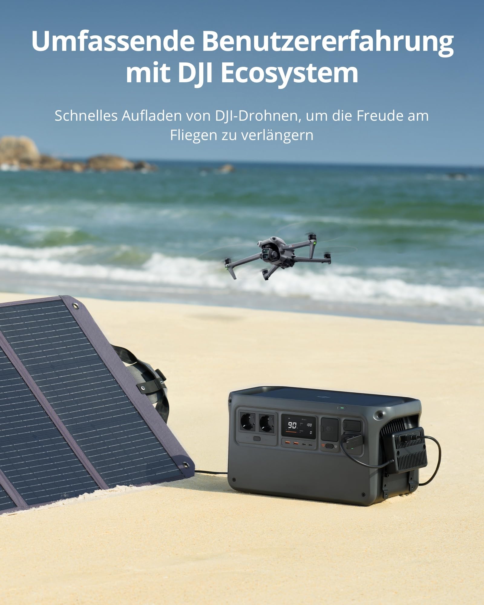 DJI Power 1000 Tragbare Powerstation, 1024 Wh Solargenerator mit 1 x 100 W faltbarem Solarpanel, für Camping/Wohnmobile, 70 Min. Schnellladung, 2200W Dauerleistung.