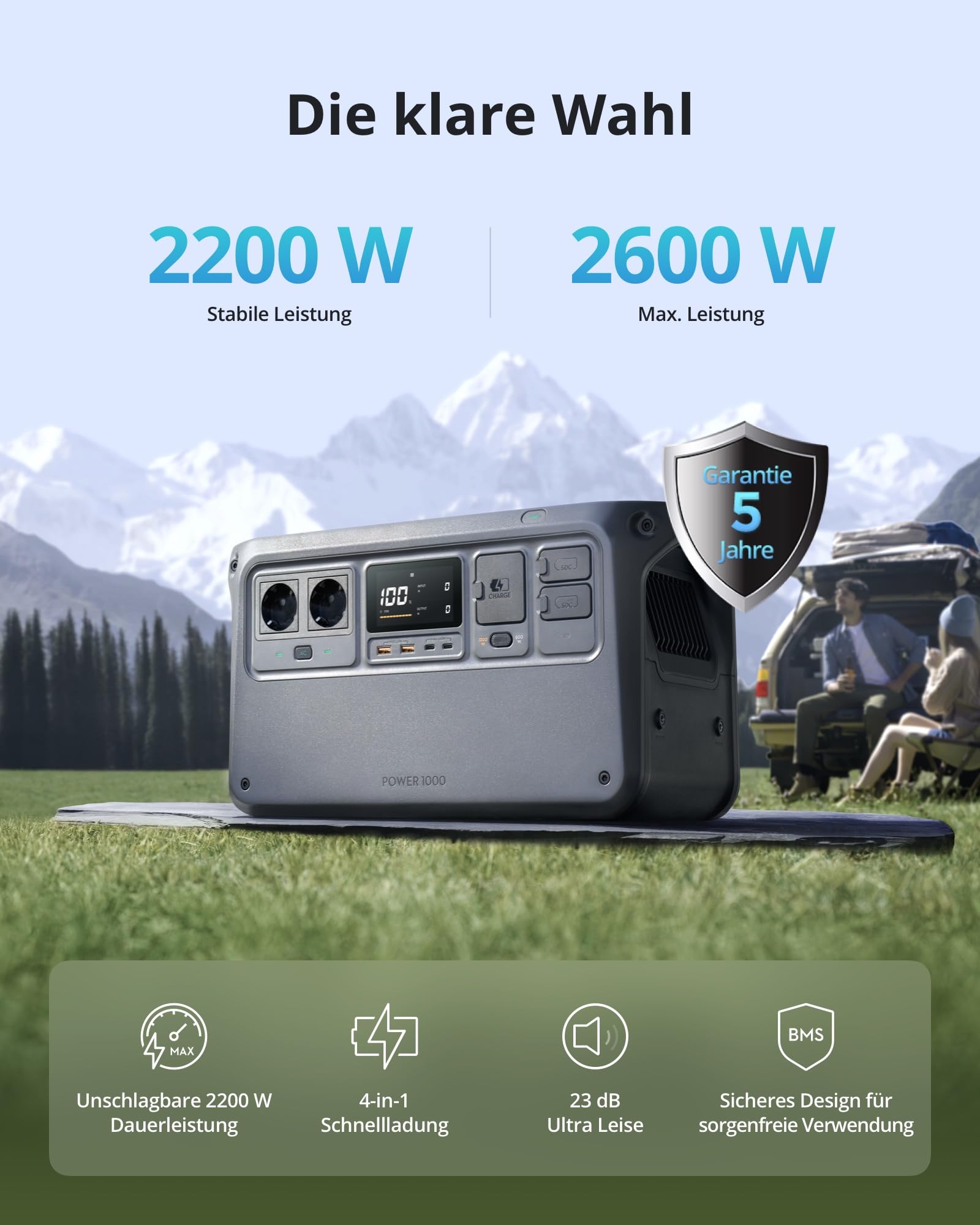 DJI Power 1000 Tragbare Powerstation, 1024 Wh Solargenerator mit 1 x 100 W faltbarem Solarpanel, für Camping/Wohnmobile, 70 Min. Schnellladung, 2200W Dauerleistung.