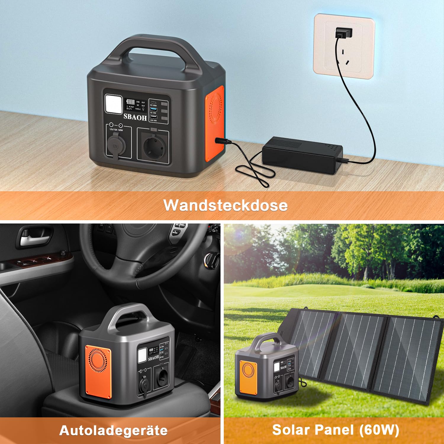 Tragbare Powerstation 600W,SBAOH 538.7Wh Solargenerator Akku mit AC/USB Ausgabe,Mobile stromgenerator für Reise/Camping/Outdoors/Emergency