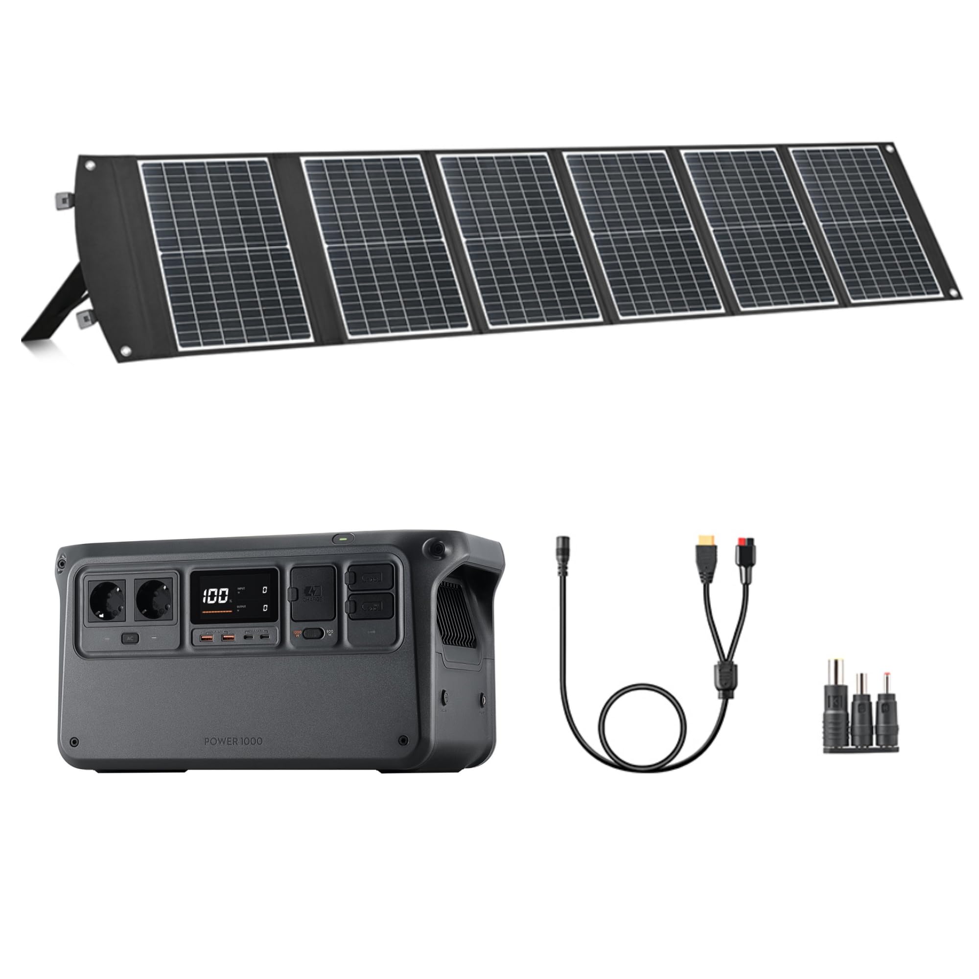 DJI Power 1000 Tragbare Powerstation, 1024 Wh Solargenerator mit 1 x 100 W faltbarem Solarpanel, für Camping/Wohnmobile, 70 Min. Schnellladung, 2200W Dauerleistung.