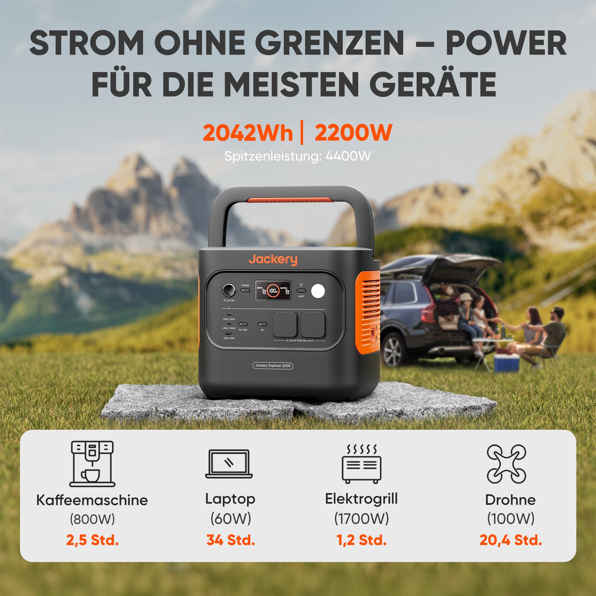 Jackery E2000 v2 tragbare Powerstation, LiFePO4 Akku, 2042Wh Solargenerator mit 2200W Ausgang (Max 4400W), Schnellladung von 0-80% in 52 Min für Notfall, Camping, Wohnmobil