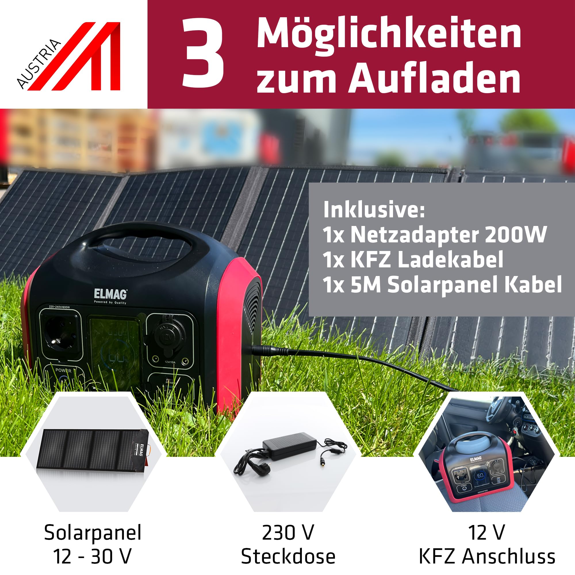 ELMAG Solargenerator-Set ENERGY 600 + SOLAR 100 – 595Wh tragbare Powerstation mit faltbarem 100Wp Solarpanel – Stromspeicher mit LiFePO4 Akku & 230V AC/DC/USB Ausgabe – Für Camping, Outdoor & Notstrom