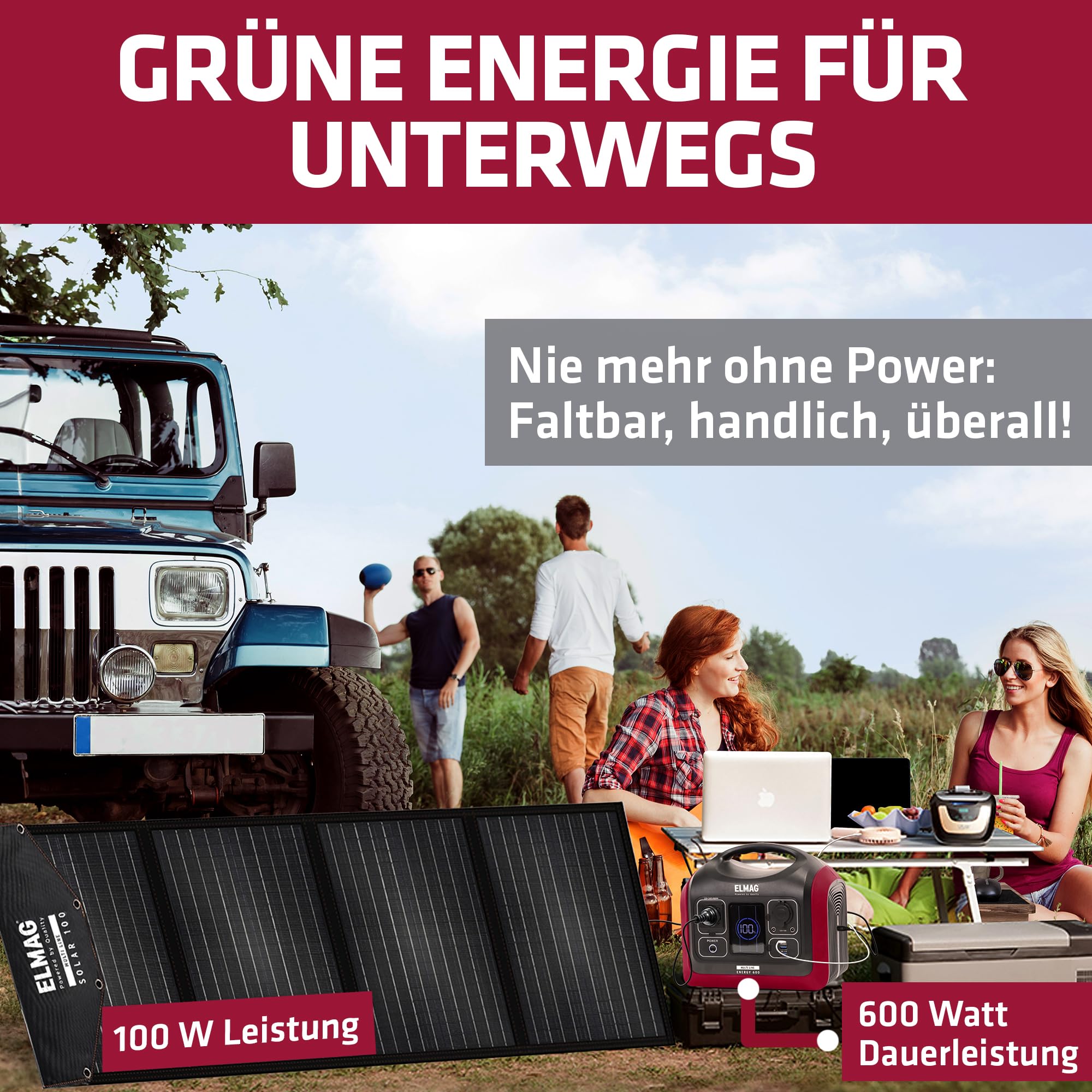 ELMAG Solargenerator-Set ENERGY 600 + SOLAR 100 – 595Wh tragbare Powerstation mit faltbarem 100Wp Solarpanel – Stromspeicher mit LiFePO4 Akku & 230V AC/DC/USB Ausgabe – Für Camping, Outdoor & Notstrom
