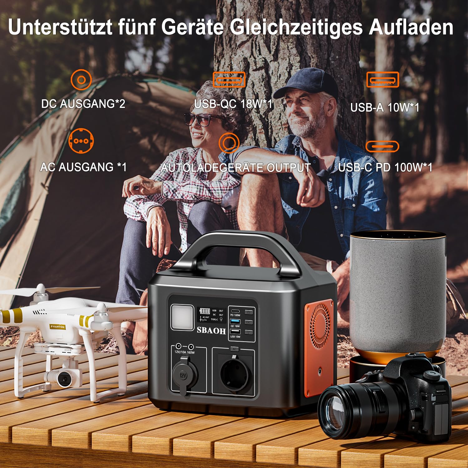 Tragbare Powerstation 600W,SBAOH 538.7Wh Solargenerator Akku mit AC/USB Ausgabe,Mobile stromgenerator für Reise/Camping/Outdoors/Emergency