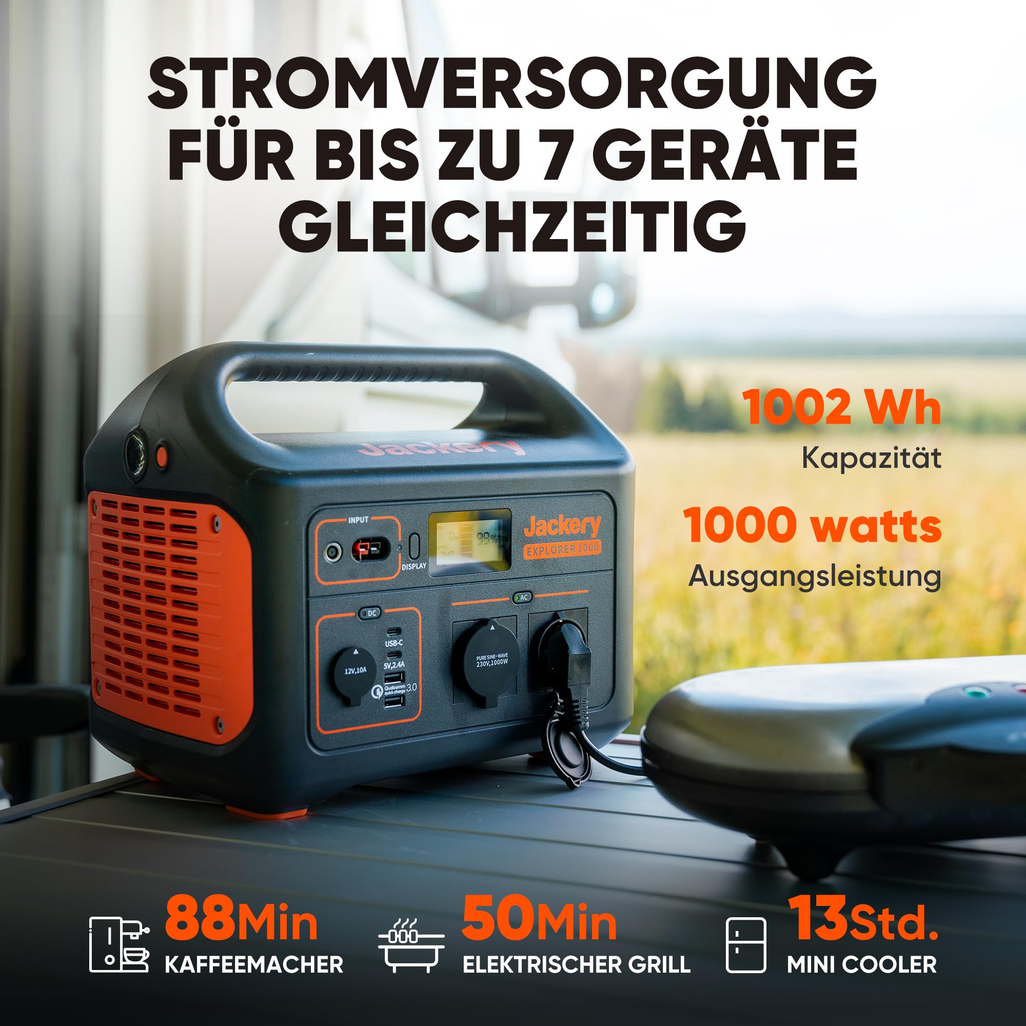 Jackery Explorer 1000, 1002Wh Tragbare Powerstation Mobiler Stromspeicher mit 230V/1000W (Spitze 2000 W) Steckdose, USB und QC, Mobile Stromversorgung für Outdoors