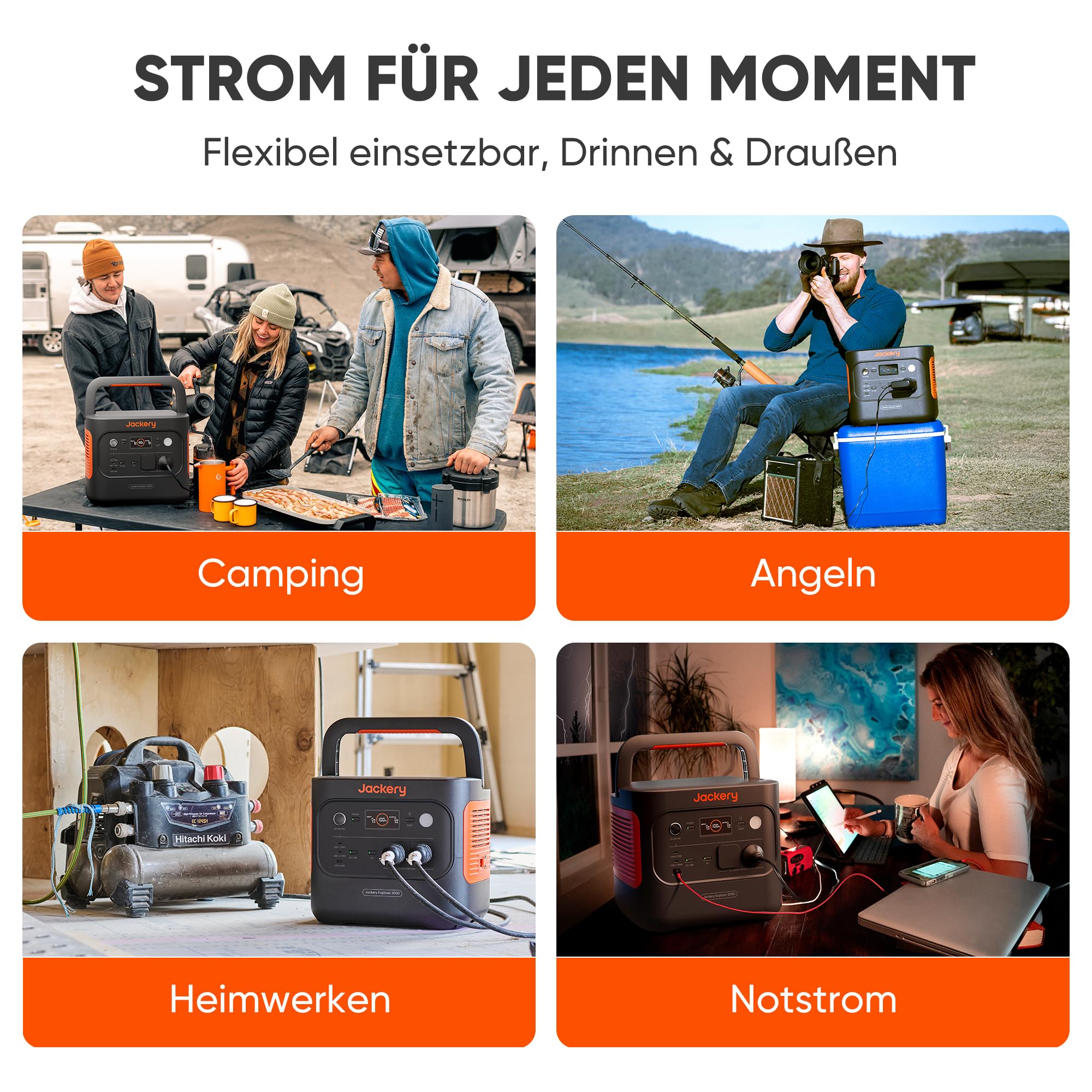 Jackery E2000 v2 tragbare Powerstation, LiFePO4 Akku, 2042Wh Solargenerator mit 2200W Ausgang (Max 4400W), Schnellladung von 0-80% in 52 Min für Notfall, Camping, Wohnmobil