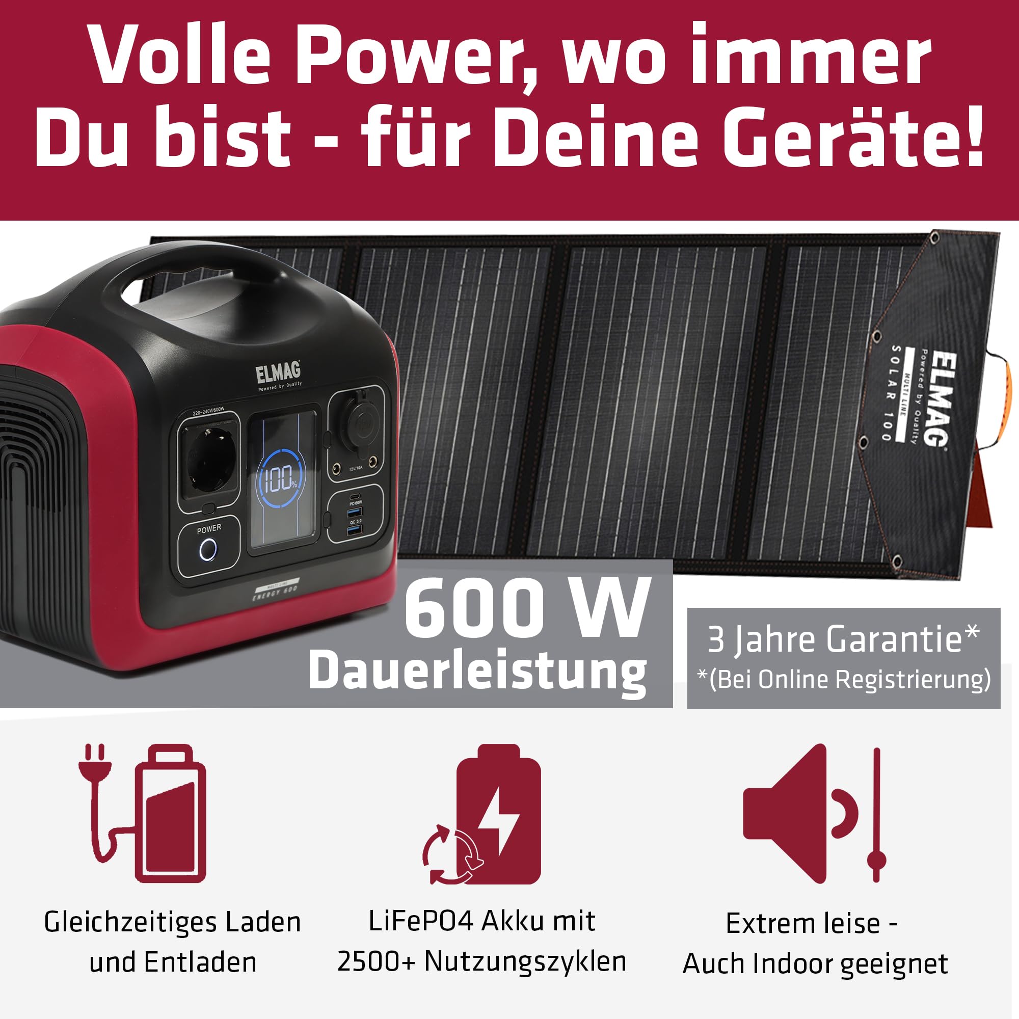 ELMAG Solargenerator-Set ENERGY 600 + SOLAR 100 – 595Wh tragbare Powerstation mit faltbarem 100Wp Solarpanel – Stromspeicher mit LiFePO4 Akku & 230V AC/DC/USB Ausgabe – Für Camping, Outdoor & Notstrom