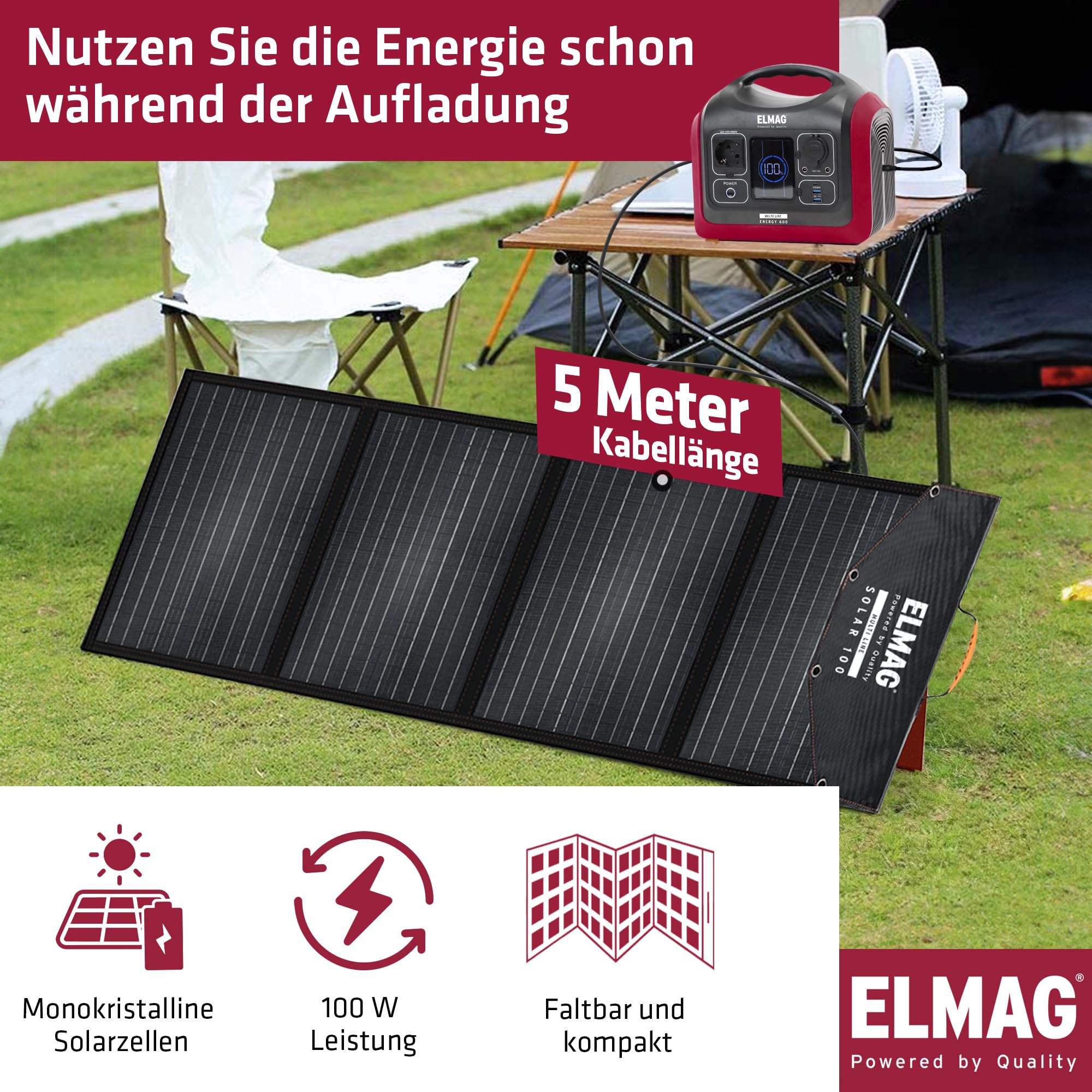 ELMAG Solargenerator-Set ENERGY 600 + SOLAR 100 – 595Wh tragbare Powerstation mit faltbarem 100Wp Solarpanel – Stromspeicher mit LiFePO4 Akku & 230V AC/DC/USB Ausgabe – Für Camping, Outdoor & Notstrom